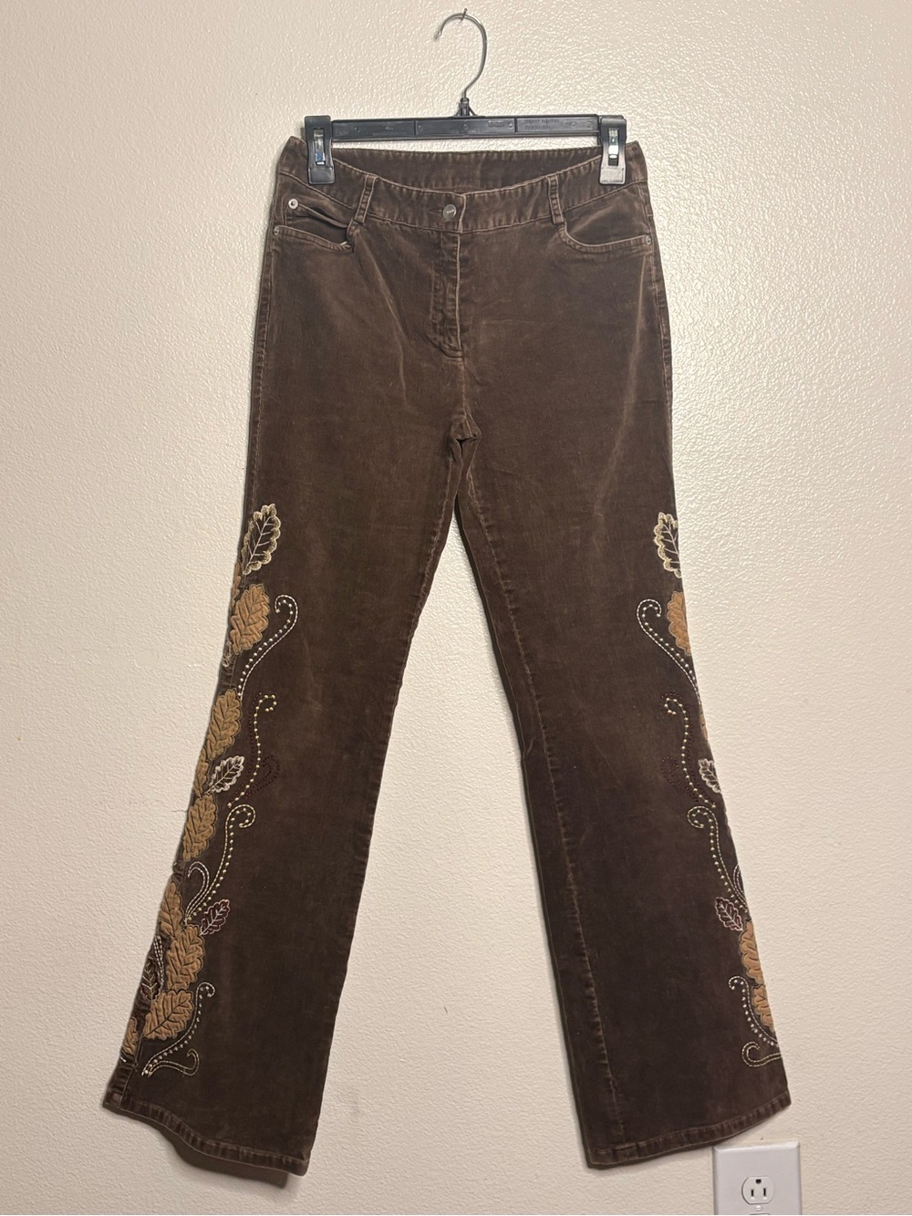 kenzie Brown Corduroy Flare Pants with Gold Embroidery